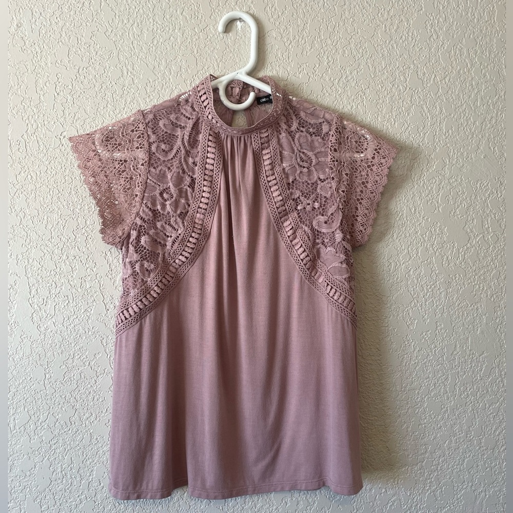 Blouse Lace Lined Cap Sleeve Mock